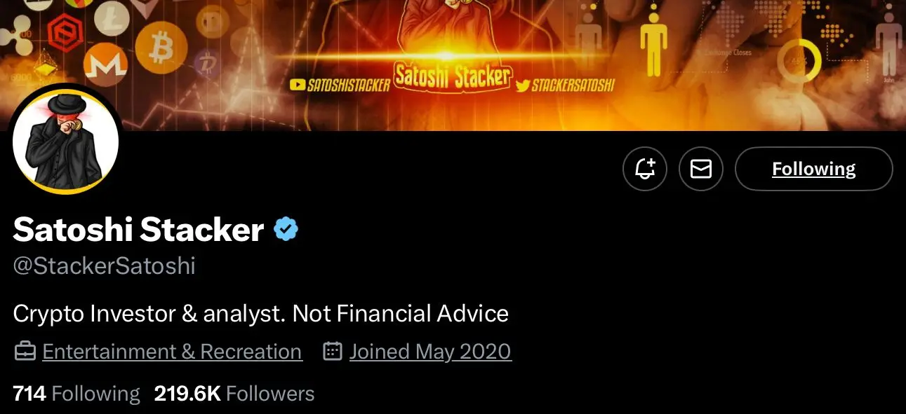 Satoshi Stacker's crypto profile on X