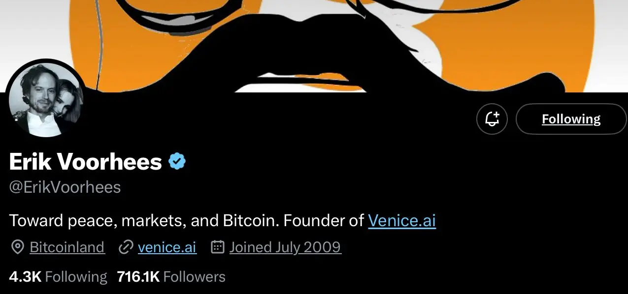 Erik Voorhees's crypto profile on X