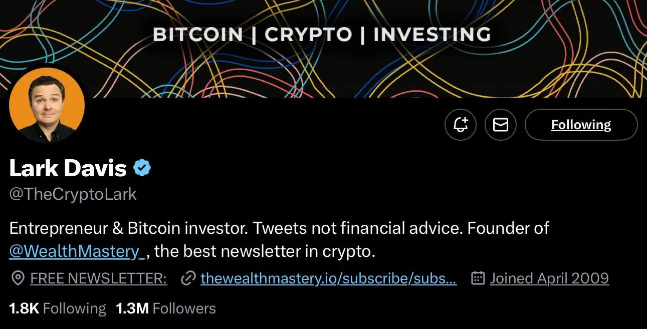 Lark Davis's crypto profile on X