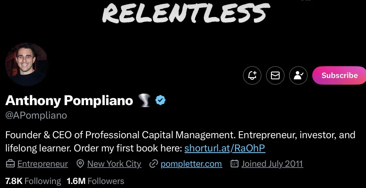 Anthony Pompliano's crypto profile on X