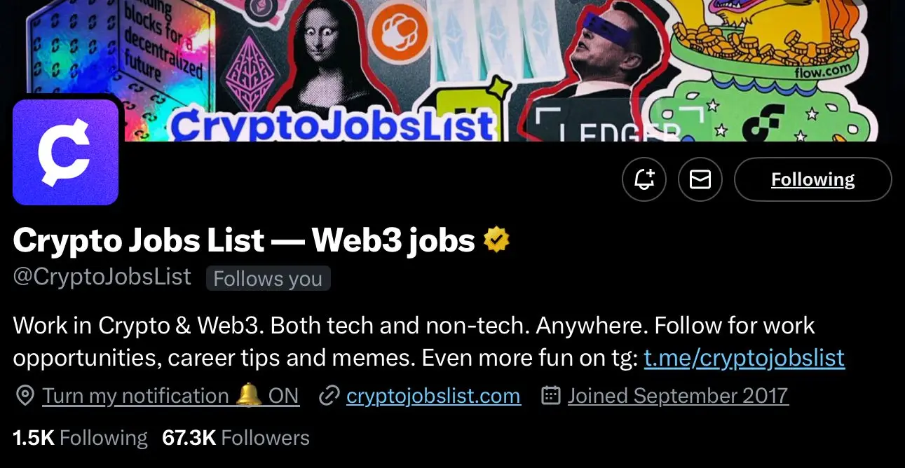 CryptoJobsList's crypto profile on X
