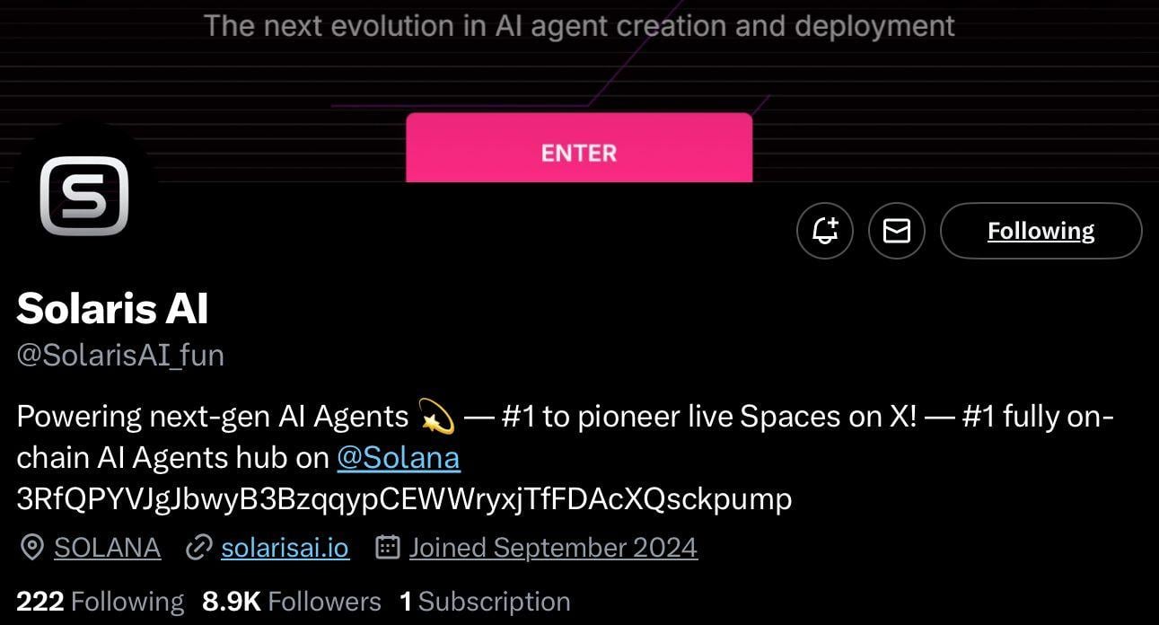 solaris ai crypto ai agent profile on x