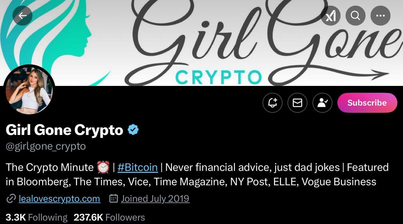 Girl Gone Crypto' crypto profile on X