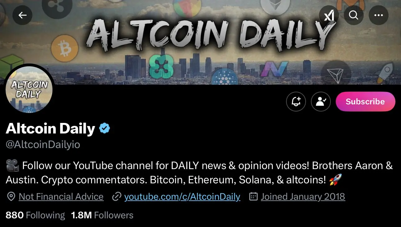 AltCoin's crypto profile on X