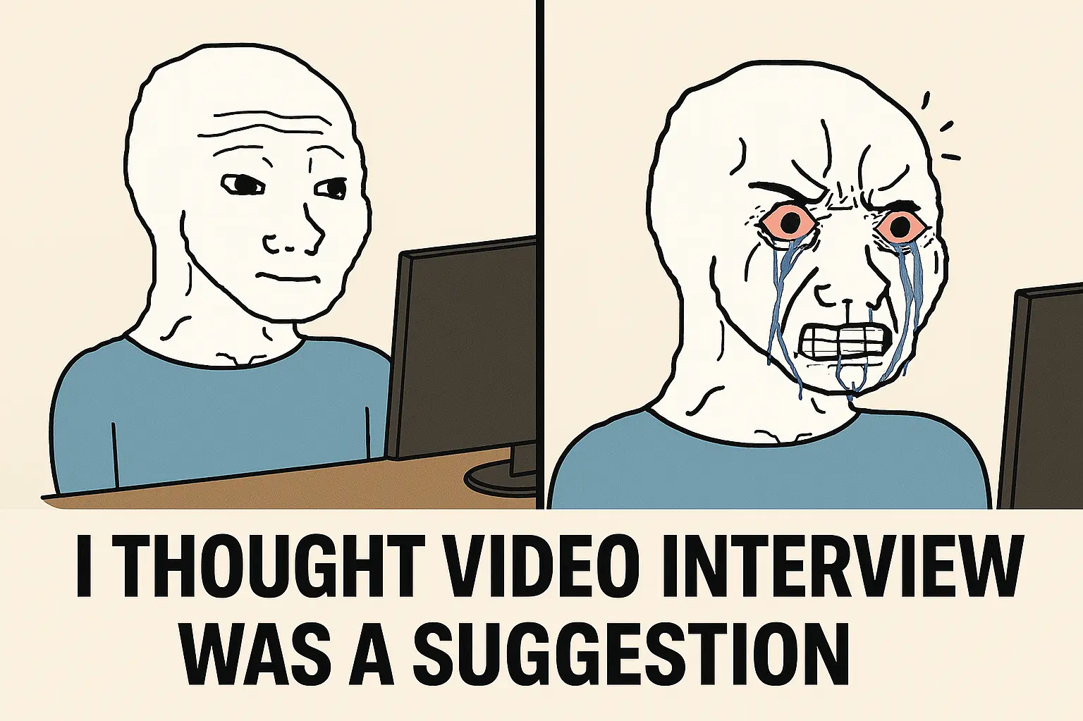 Comic of a stressed character with 'I THOUGHT VIDEO INTERVIEW WAS A SUGGESTION' caption. Tips For A Video Interview..png