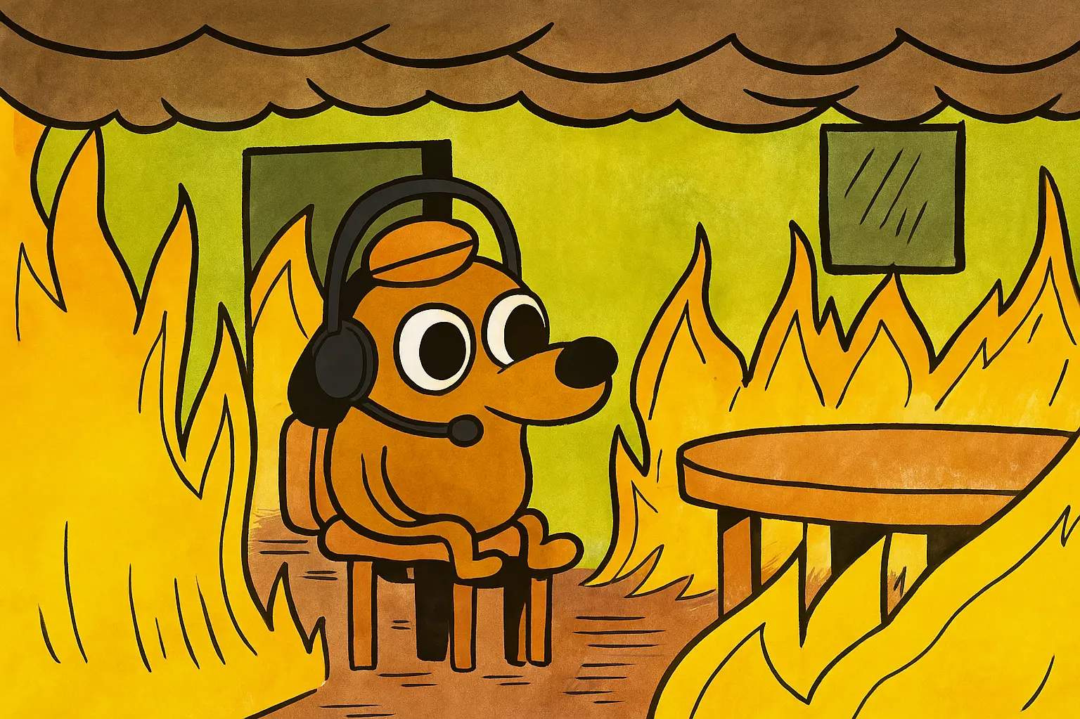 Dog in headset in burning room, showing calm in chaos. Tips For A Video Interview..png