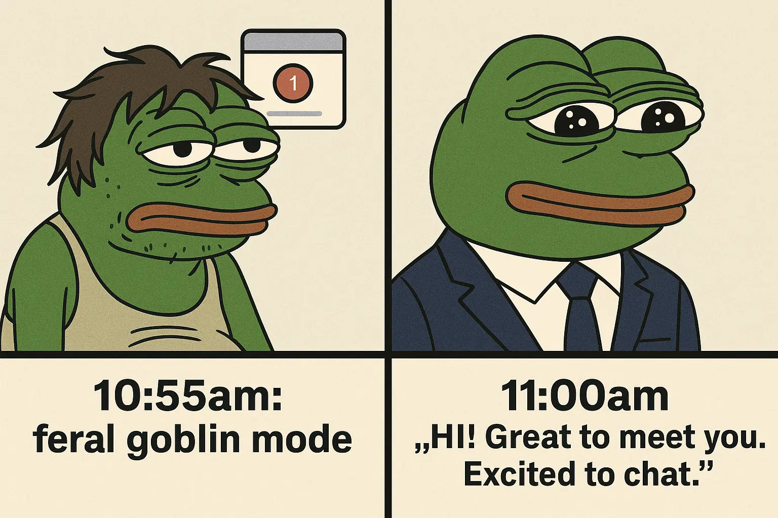 Pepe the Frog, disheveled to suited, captioned 'feral goblin mode' to 'HI! Great to meet you. Tips For A Video Interview..png