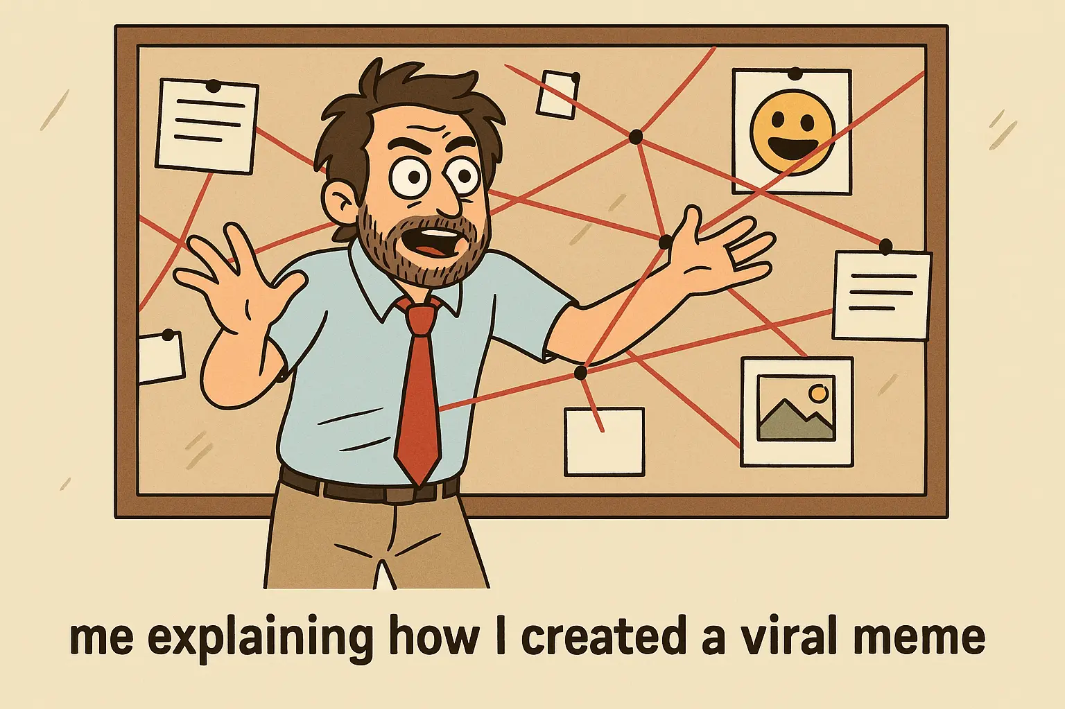 Person with conspiracy board, captioned 'me explaining how I created a viral meme. Tips For A Video Interview..png